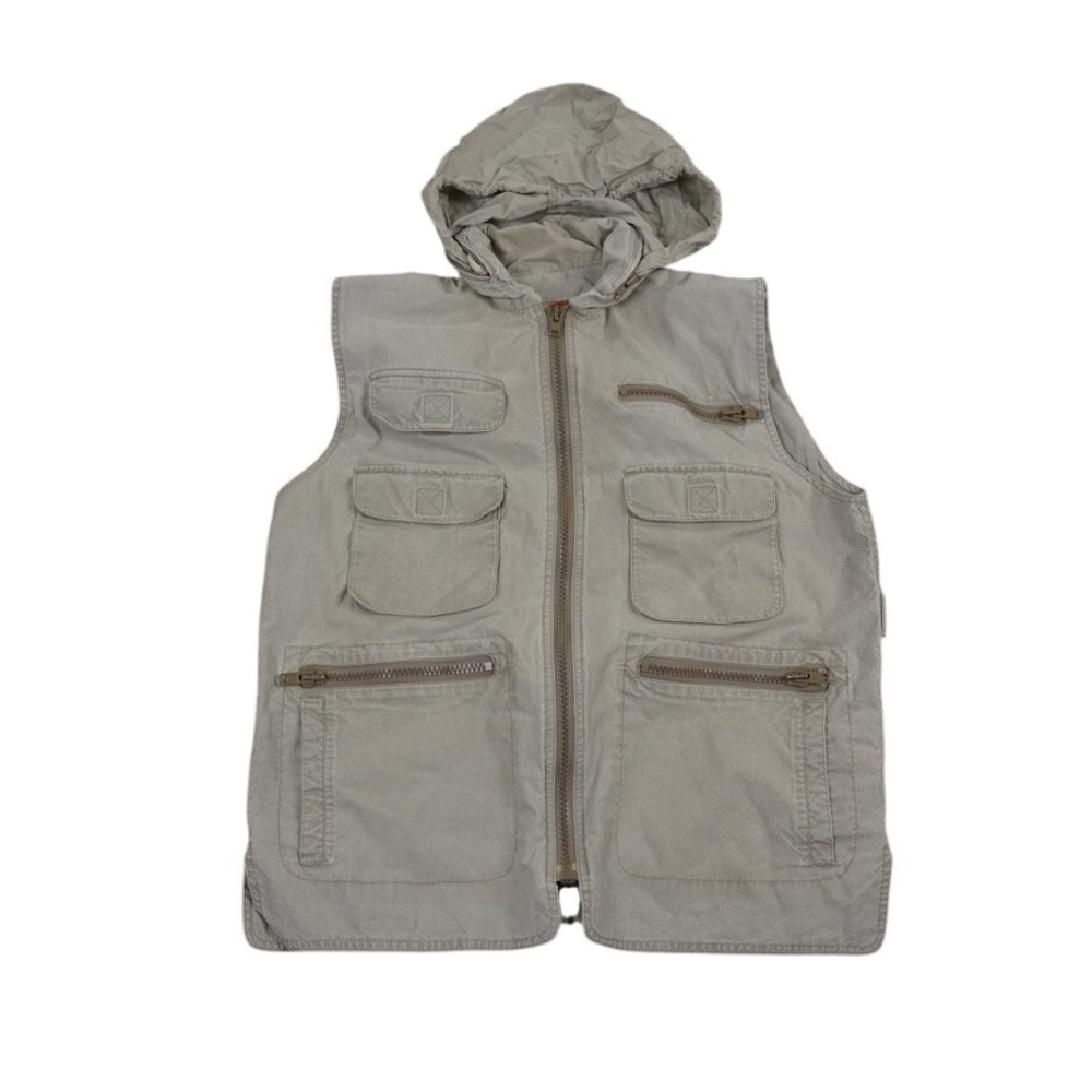VTG Banana Republic Safari Vest Men Medium Khaki Cotton Utility Hooded‎ Fishing